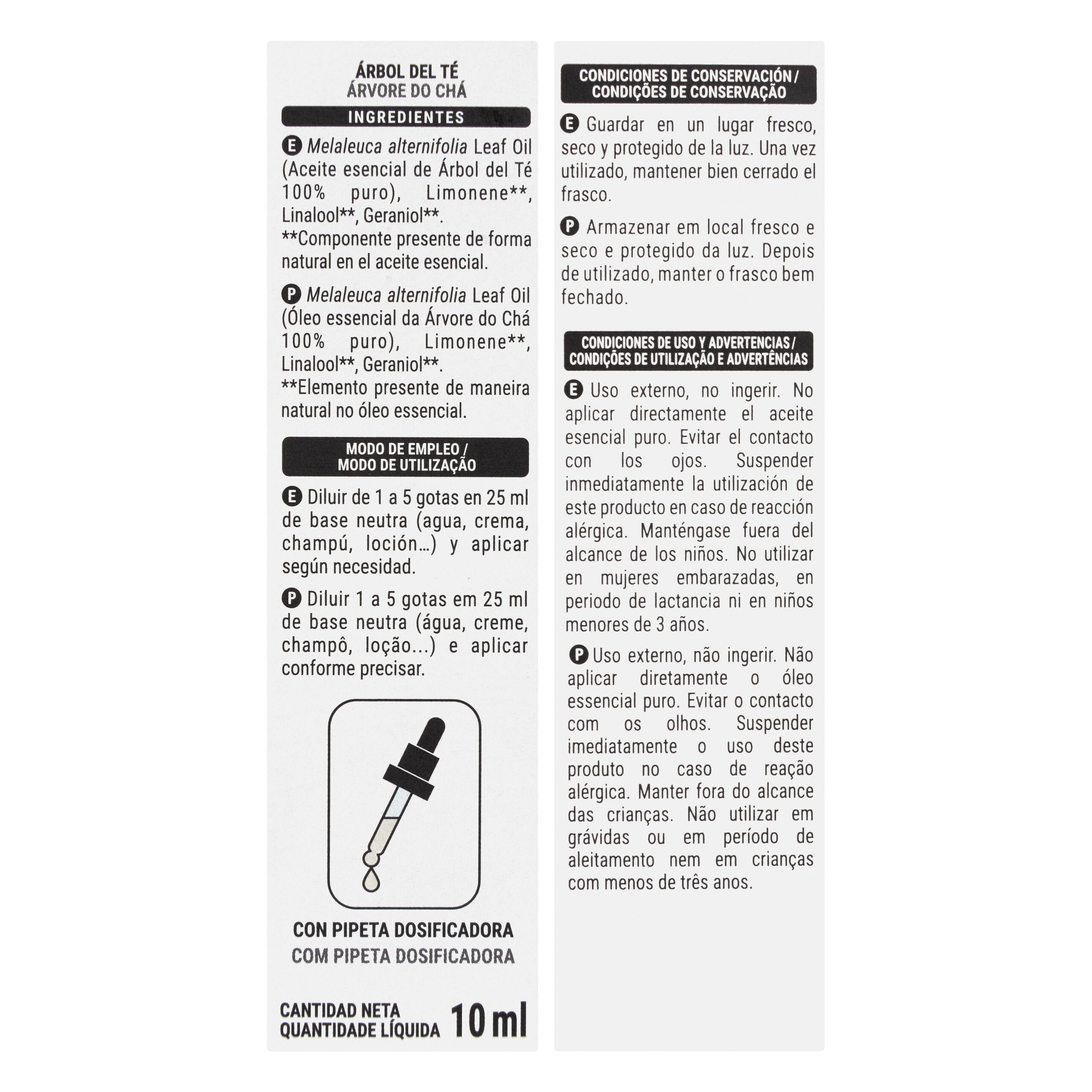 Etiqueta Aceite árbol del té 100% puro Deliplus con pipeta dosificadora
